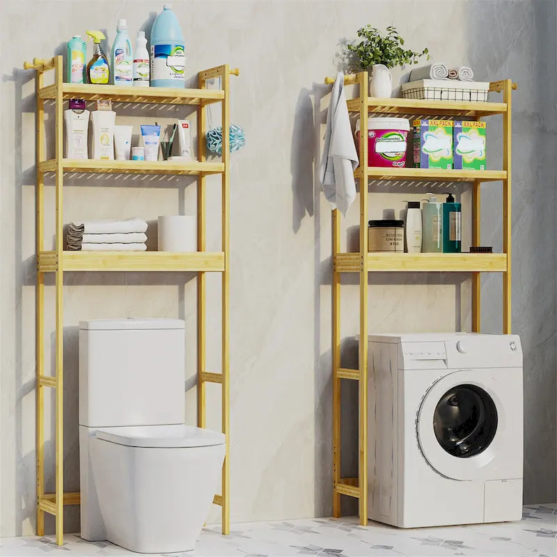Freestanding Bamboo Laundry Room Shelf Rack Natural Wood Adjustable