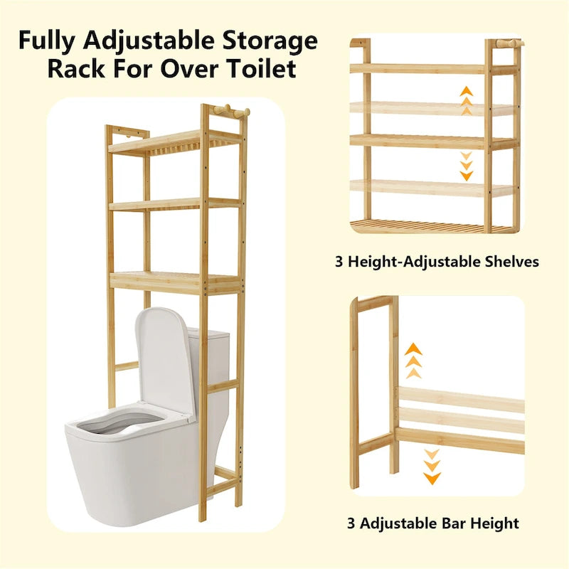 Freestanding Bamboo Laundry Room Shelf Rack Natural Wood Adjustable