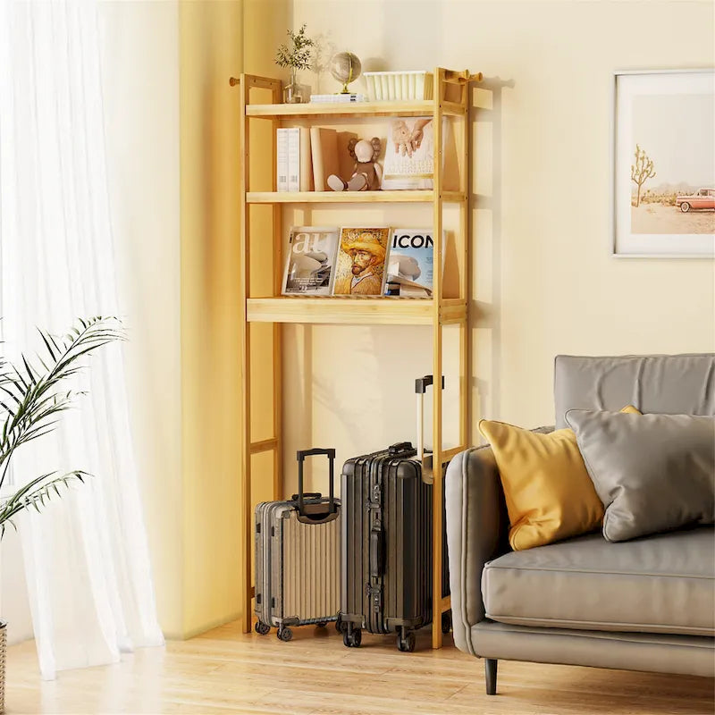 Freestanding Bamboo Laundry Room Shelf Rack Natural Wood Adjustable