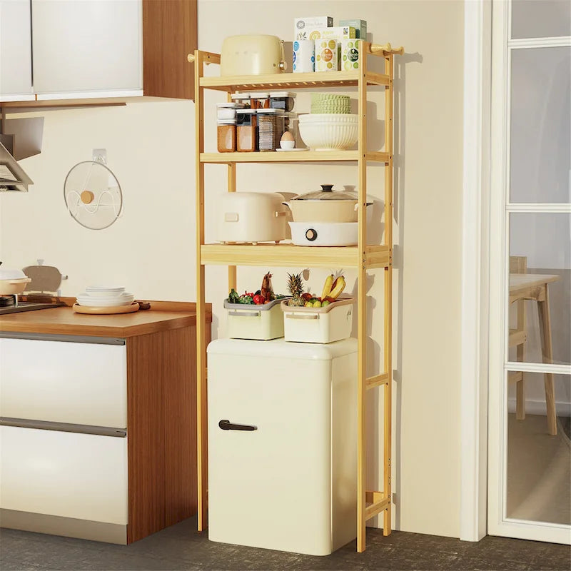 Freestanding Bamboo Laundry Room Shelf Rack Natural Wood Adjustable