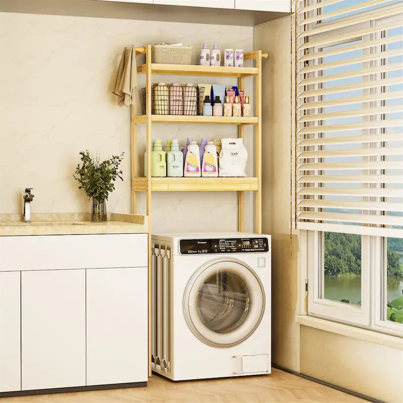 Freestanding Bamboo Laundry Room Shelf Rack Natural Wood Adjustable