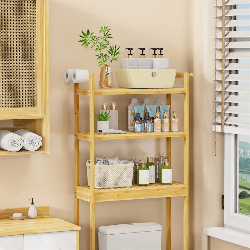 Freestanding Bamboo Laundry Room Shelf Rack Natural Wood Adjustable