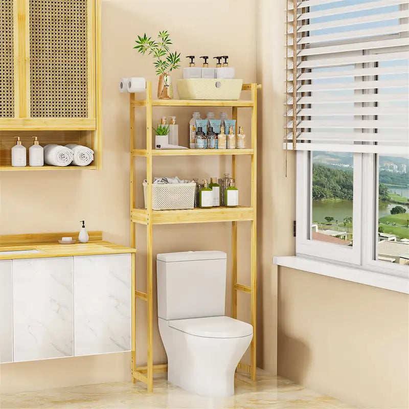 Freestanding Bamboo Laundry Room Shelf Rack Natural Wood Adjustable