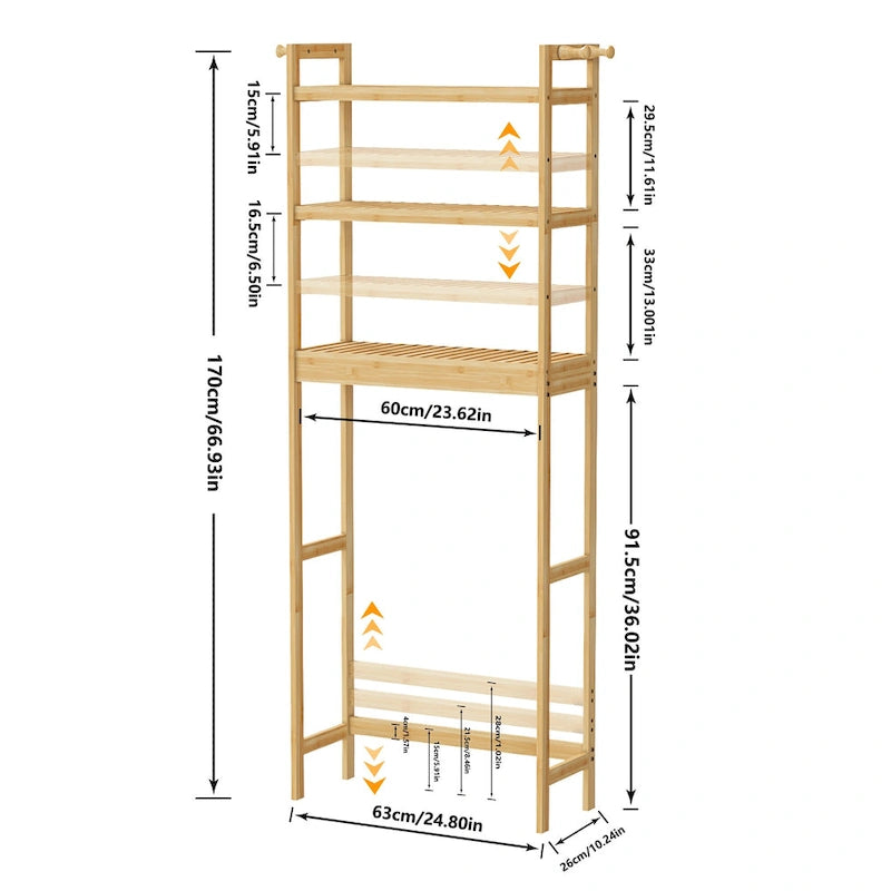 Freestanding Bamboo Laundry Room Shelf Rack Natural Wood Adjustable