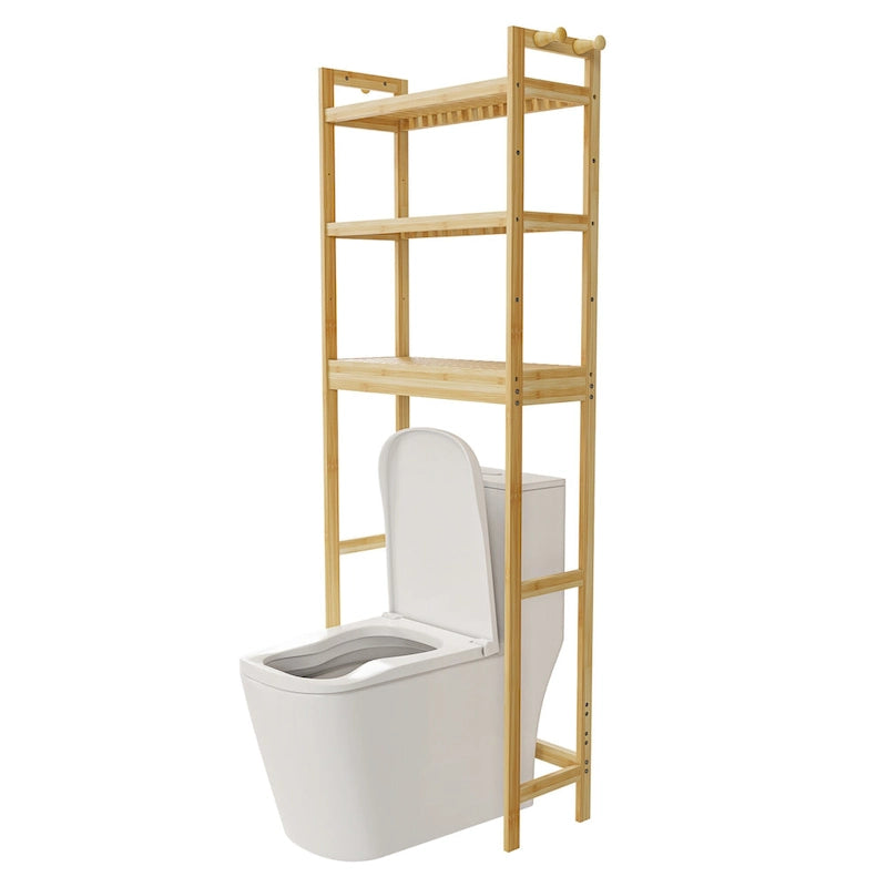 Freestanding Bamboo Laundry Room Shelf Rack Natural Wood Adjustable