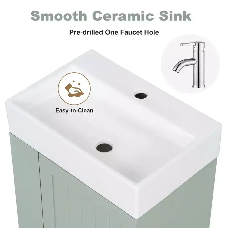 Meuble-lavabo avec évier en céramique, tiroir de rangement en MDF, étagère latérale et poignée dorée